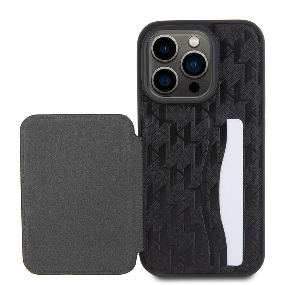 Case for Apple iPhone 15 Pro, Karl Lagerfeld, Saffiano Cardslots and Stand Monogram Ikonik Karl, Black