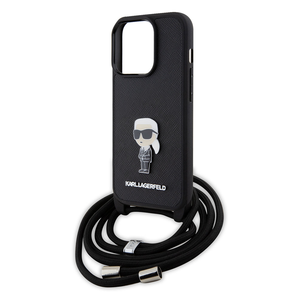 Case for Apple iPhone 15 Pro, Karl Lagerfeld, Saffiano Crossbody Monogram Metal Pin Karl, Black