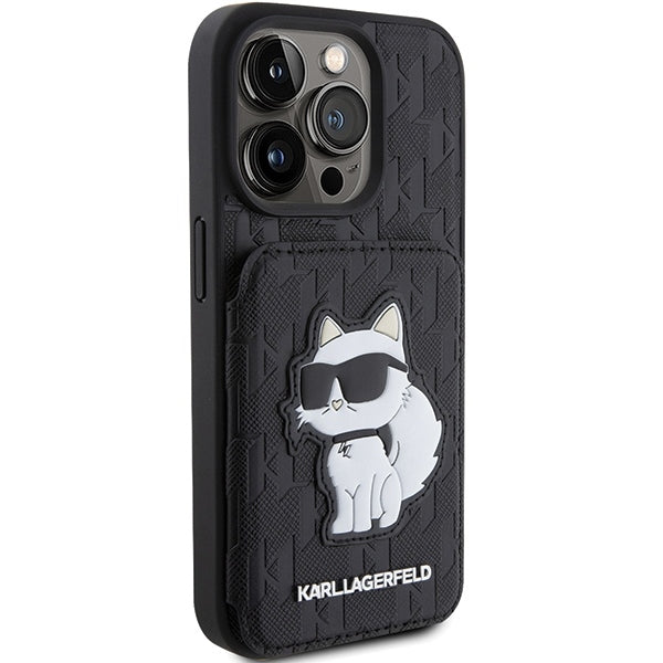 Case for Apple iPhone 15 Pro Max, Karl Lagerfeld, Saffiano Cardslots and Stand Monogram Choupette, Black