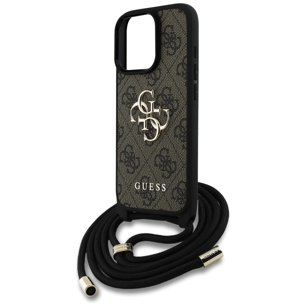 Case for Apple iPhone 16 Pro, Guess, 4G CBDY Big Logo with Cord Strap, Brown