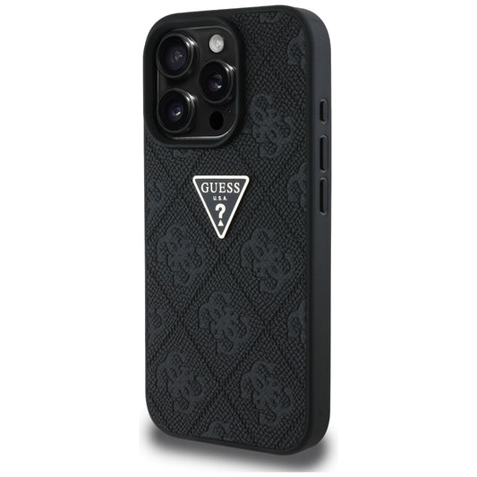 Case for Apple iPhone 16 Pro, Guess, Hot Stamp 4G Pattern Triangle Logo, Black