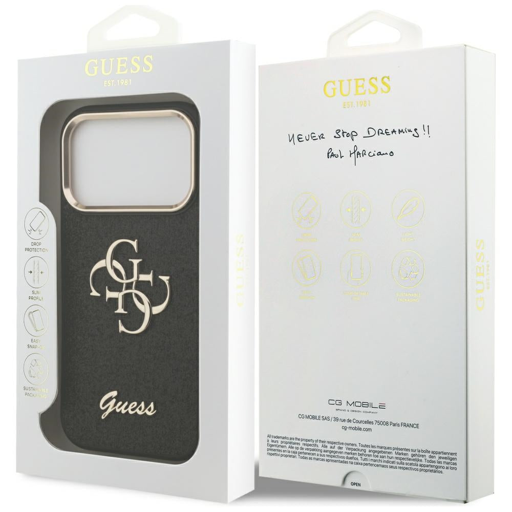 Case for Apple iPhone 17 Pro, Guess, Fixed Glitter Big 4G Metal Frame, Black