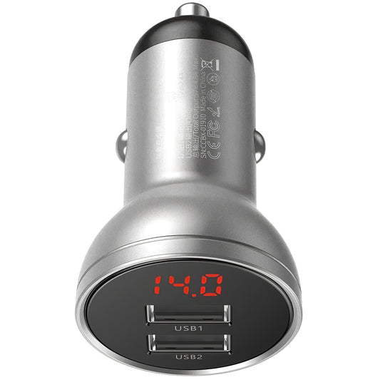 Baseus Digital Display Car Charger, 24W, 2.4A, 2 x USB-A, Silver CCBX-0S CCBX-0S