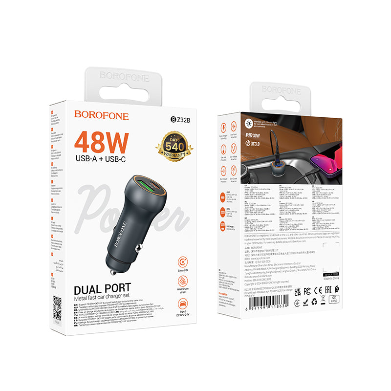 Borofone BZ32B Fresh Car Charger, 48W, 3A, 1 x USB-A - 1 x USB-C, Grey