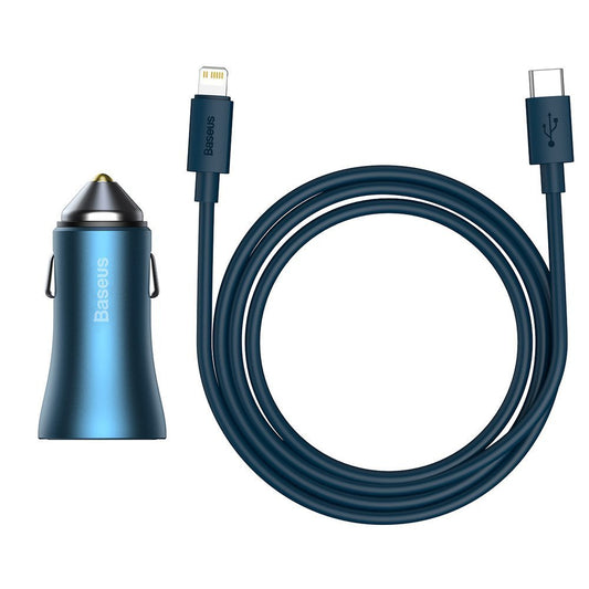 Car Charger with Lightning Cable Baseus Golden Contactor, 40W, 3A, 1 x USB-A - 1 x USB-C, Blue TZCCJD-03