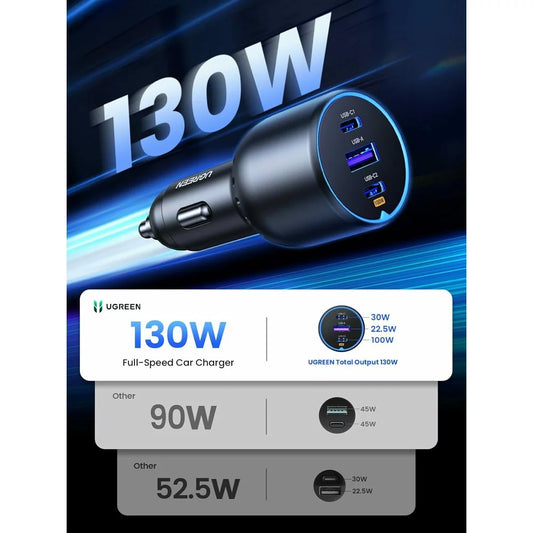 Car Charger with USB-C Cable UGREEN CD293, 130W, 5A, 1 x USB-A - 2 x USB-C, Black
