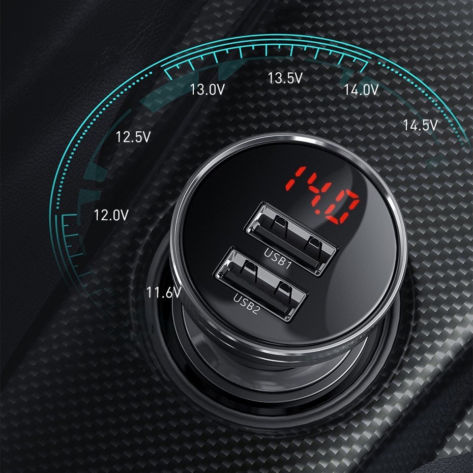 Car Charger with Lightning - microUSB - USB-C Cable Baseus Digital Display, 24W, 2.4A, 2 x USB-A, Grey TZCCBX-0G