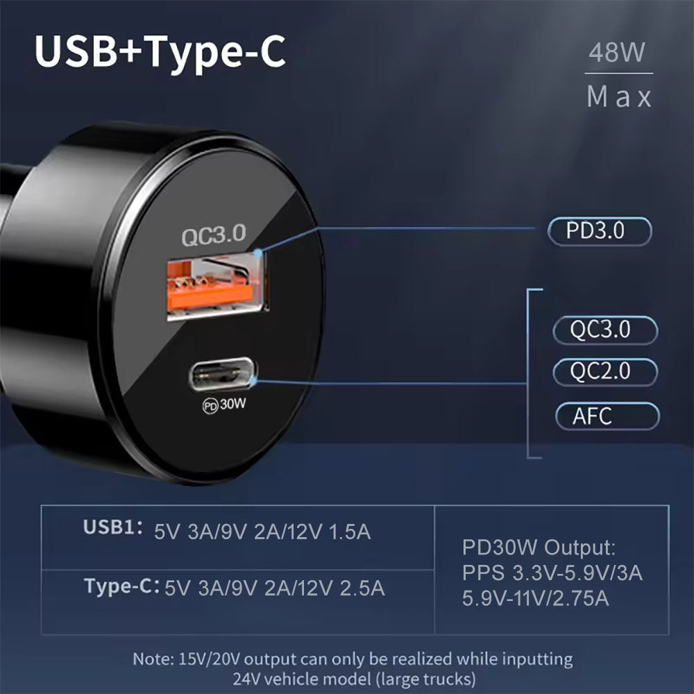 Techsuit TE-P31 Premium Car Charger, 48W, 3A, 1 x USB-A - 1 x USB-C, Black