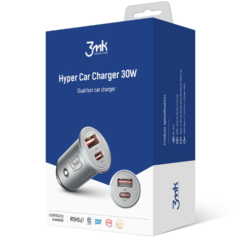Car Charger 3MK HyperCharger, 30W, 5A, 1 x USB-A - 1 x USB-C, Silver