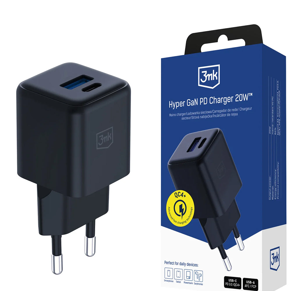 3MK Hyper Network Charger, 20W, 3A, 1 x USB-A - 1 x USB-C, Black