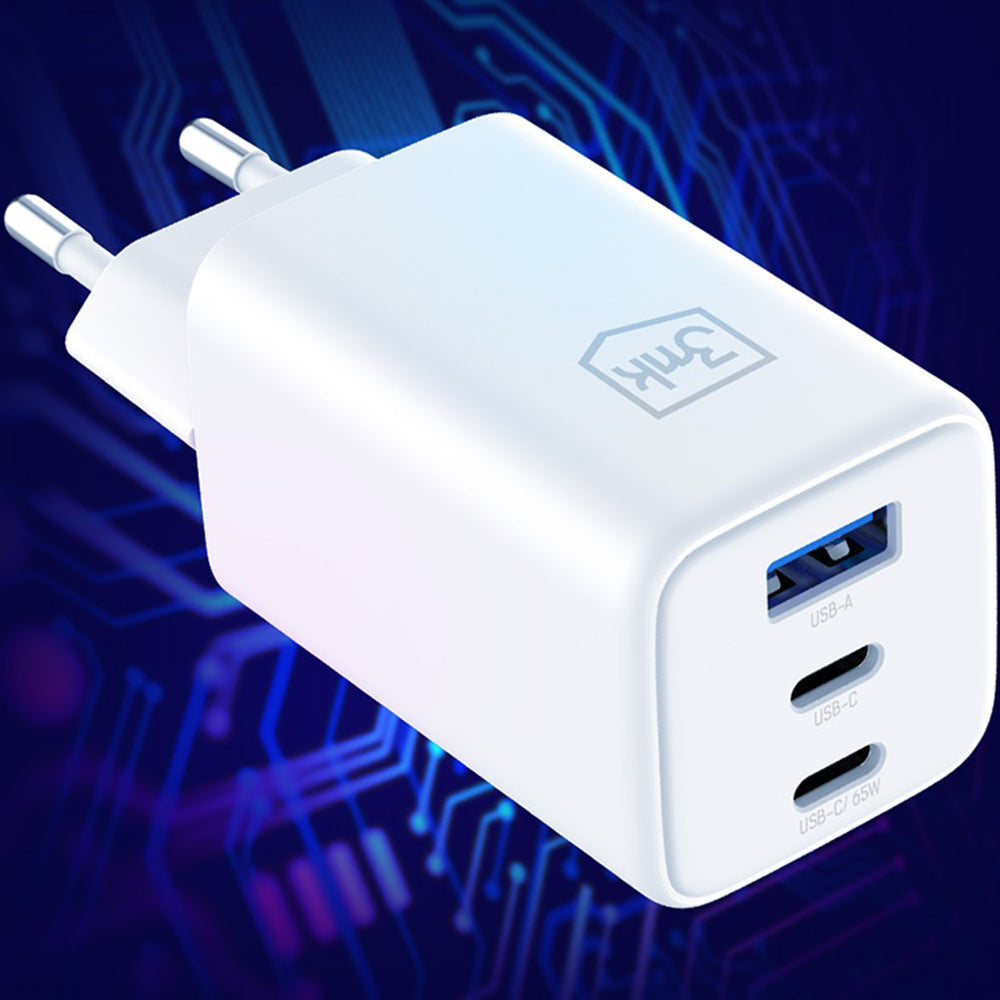 3MK Hyper Network Charger, 65W, 3.25A, 1 x USB-A - 2 x USB-C, White