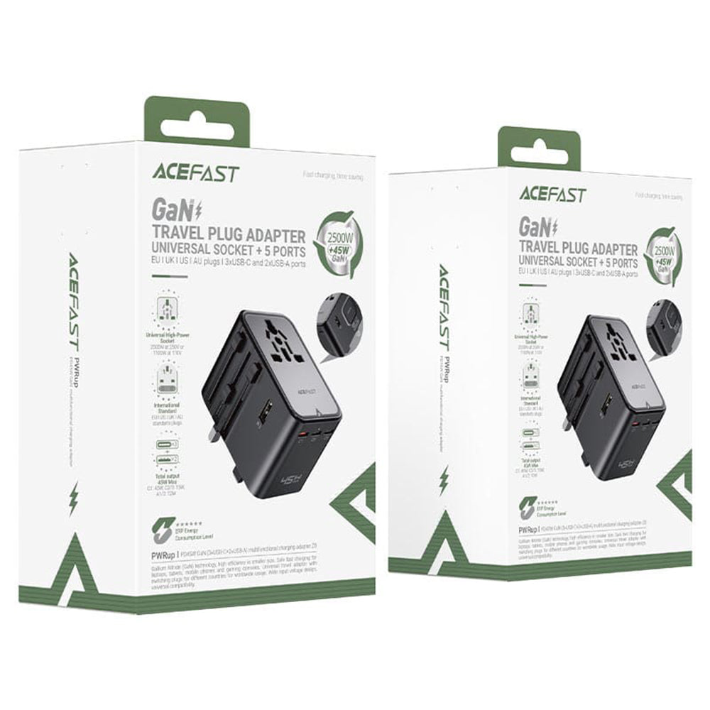 Acefast Z8 Travel Network Charger, 45W, 3A, 2 x USB-A - 3 x USB-C, Black