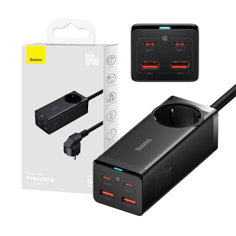 Baseus GaN3 Pro Power Strip, 1 x Schuko - 2 x USB-A - 2 x USB-C, Black PSZM000401