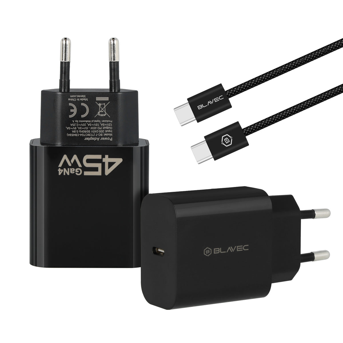 Blavec BC-7 Network Charger with USB-C Cable, 45W, 3A, 1 x USB-C, Black