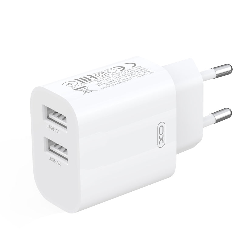 XO Design CE55 Mains Charger with Lightning Cable, 12W, 2.4A, 2 x USB-A, White