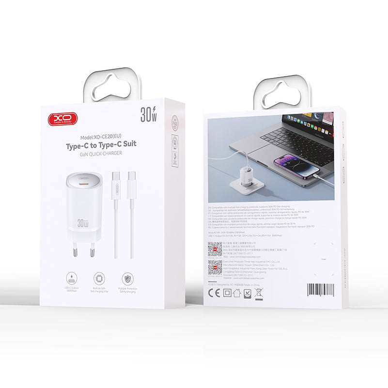Network Charger with USB-C Cable XO Design CE20, 30W, 3A, 1 x USB-C, White