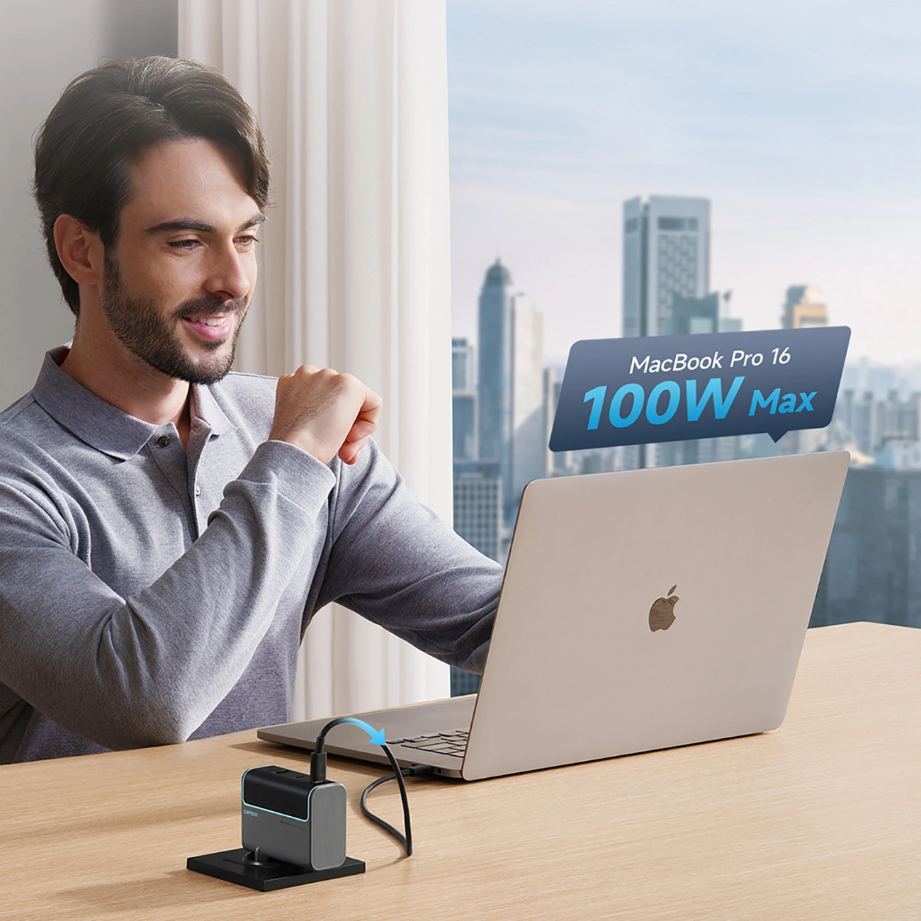 Cuktech Network Charger with USB-C Cable, 100W, 5A, 1 x USB-A - 2 x USB-C, Gray CUKAD1003EUG