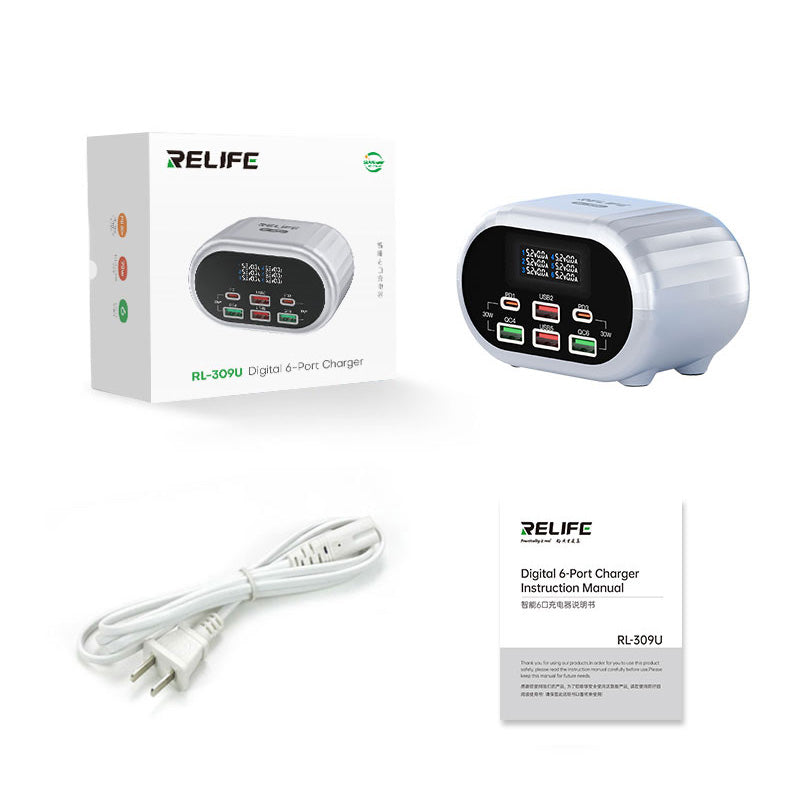 Relife RL-309U Charging Station, 72W, 5A, 2 x USB-C - 4 x USB-A, Silver