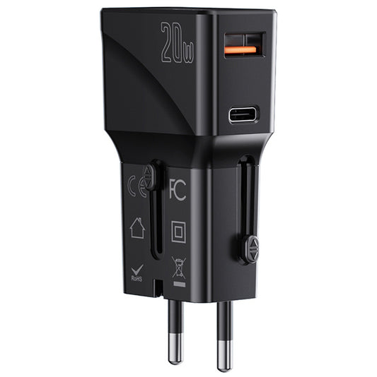Network Charger Yesido MC17 Travel, 20W, 3A, 1 x USB-A - 1 x USB-C, Black