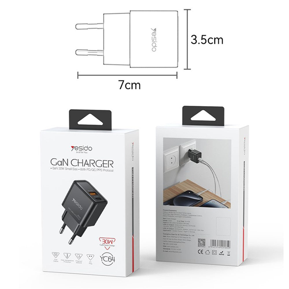 Yesido YC64 Network Charger, 30W, 3A, 1 x USB-A - 1 x USB-C, Black