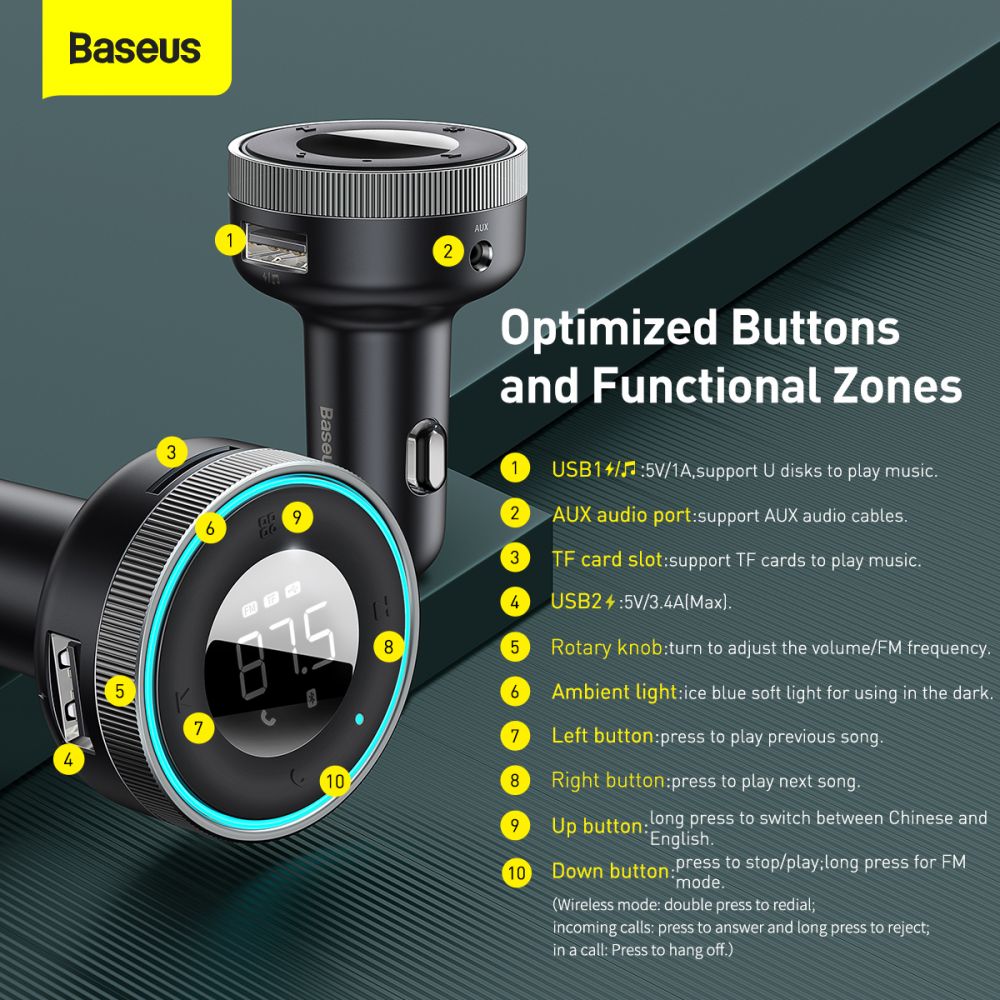 Baseus Enjoy Bluetooth FM Modulator, 2 x USB-A - 1 x microSD - 1 x AUX CCLH-01