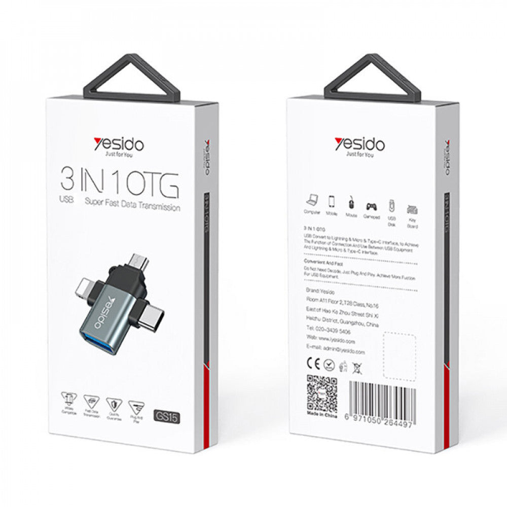 OTG Adapter Lightning / microUSB / USB-C - USB-A Yesido GS15, Black