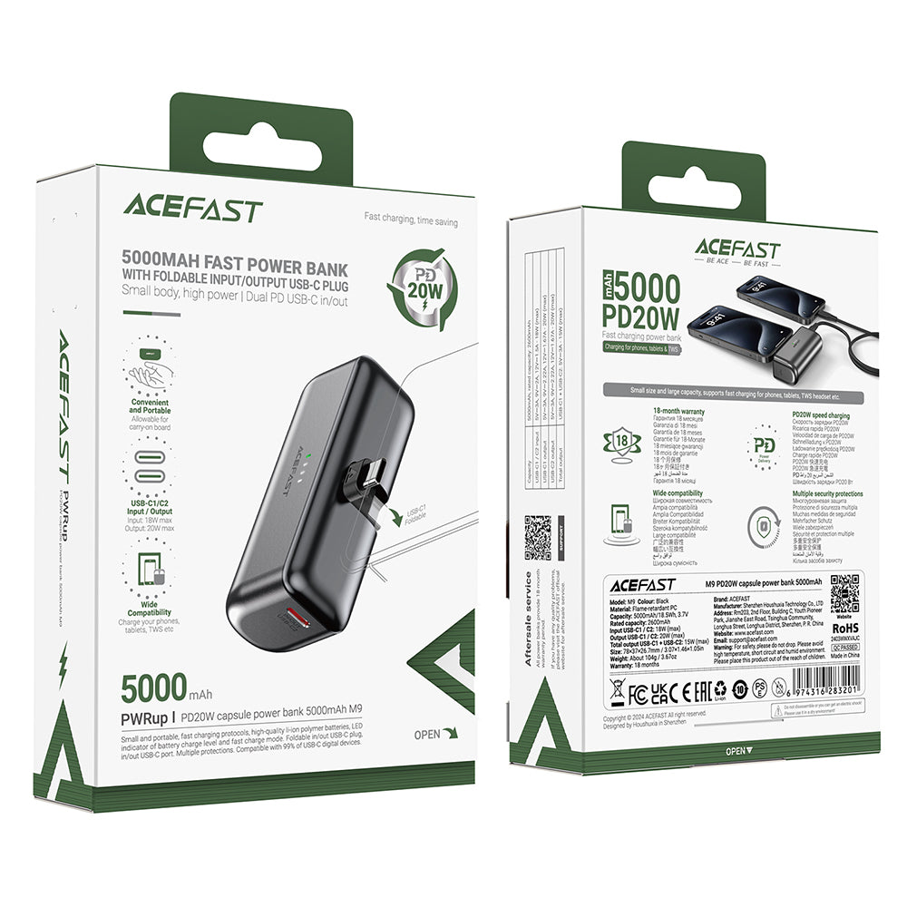 Acefast M9 External Battery, 5000mAh, 20W, PD, 2 x USB-C, Black