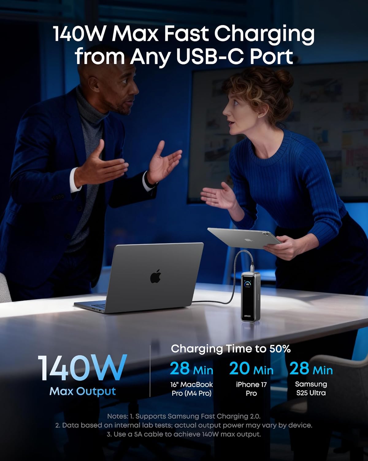 Anker Prime External Battery, 20100mAh, 220W, QC + PD, 1 x USB-A - 2 x USB-C, Black A110BH11