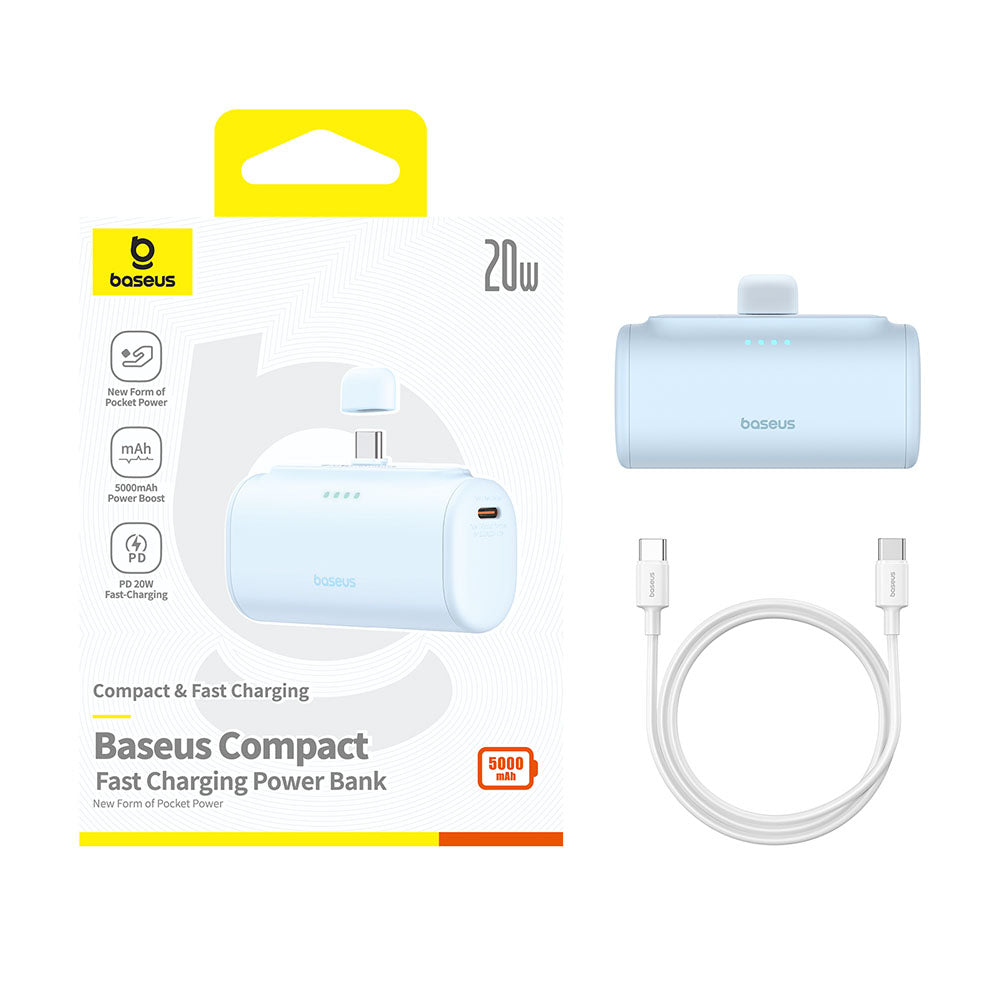 Baseus Compact External Battery, 5000mAh, 20W, PD, 2 x USB-C, Blue P10068306313-00