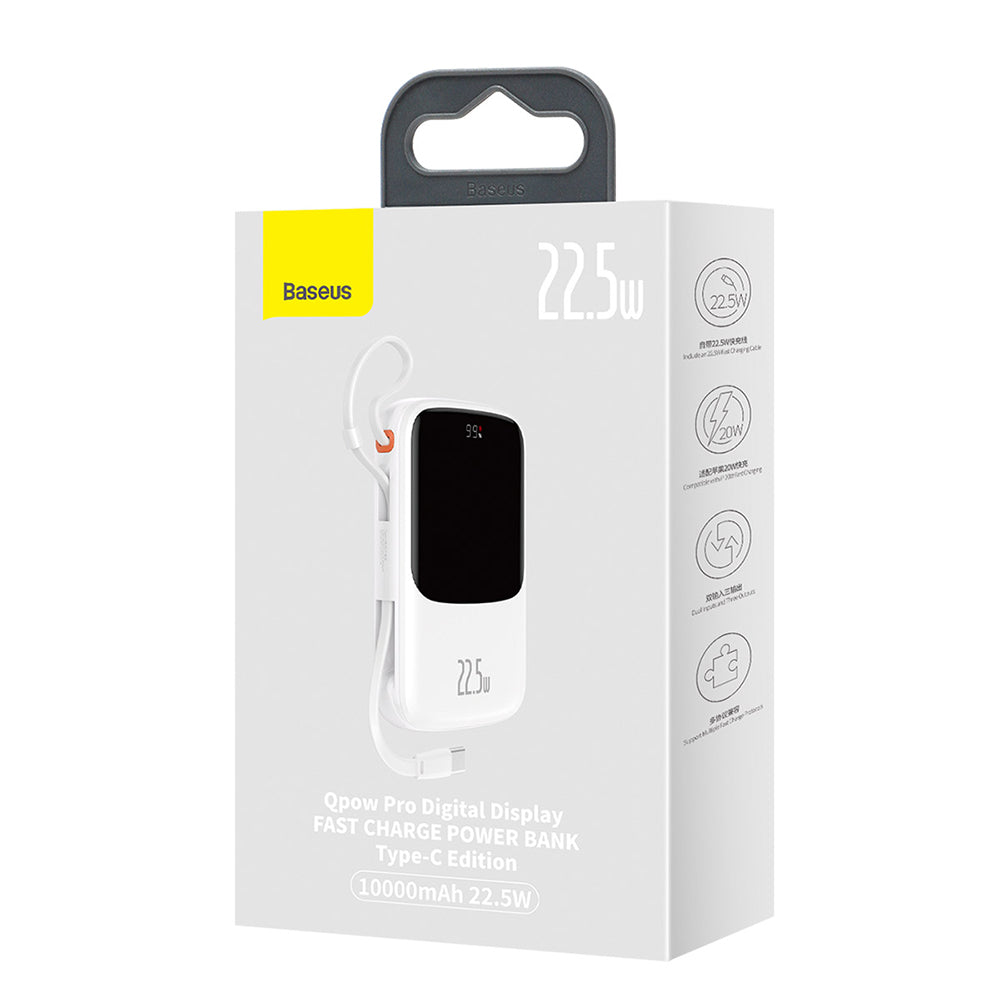 Baseus Qpow Pro External Battery, 10000mAh, 22.5W, QC + PD, 1 x USB-A - 2 x USB-C, White PPQD020102