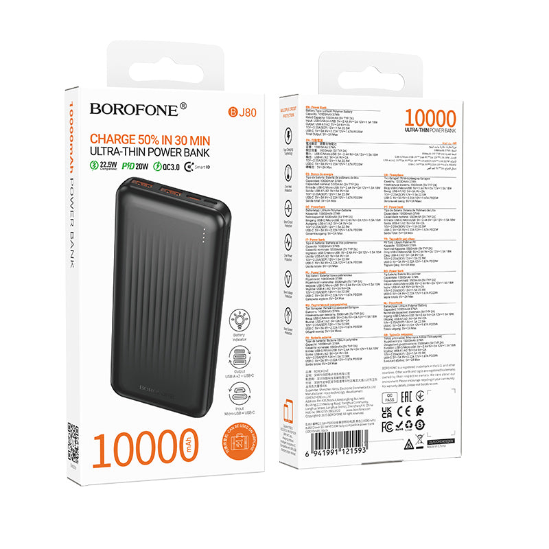 Borofone BJ80A Clever External Battery, 10000mAh, 22.5W, QC + PD, 1 x USB-C - 2 x USB-A, Black