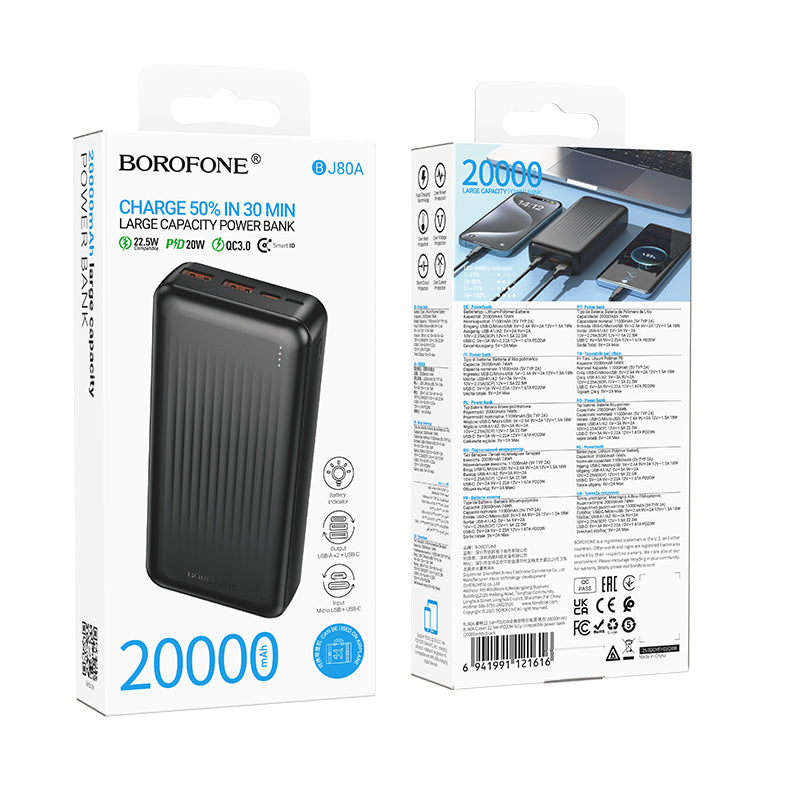 Borofone BJ80A Clever External Battery, 20000mAh, 22.5W, QC + PD, 1 x USB-C - 2 x USB-A, Black