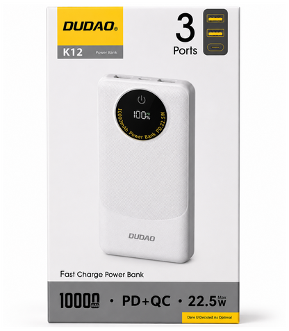 Dudao K12 External Battery, 10000mAh, 22.5W, QC + PD, 1 x USB-C - 2 x USB-A, White