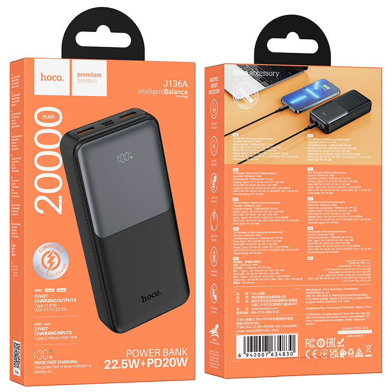 HOCO J136A External Battery, 20000mAh, 22.5W, QC + PD, 1 x USB-C - 2 x USB-A, Black