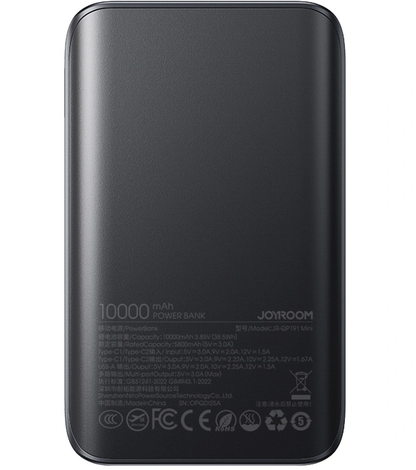Joyroom JR-QP191 External Battery, 10000mAh, 22.5W, QC + PD, 1 x USB-A - 2 x USB-C, Black