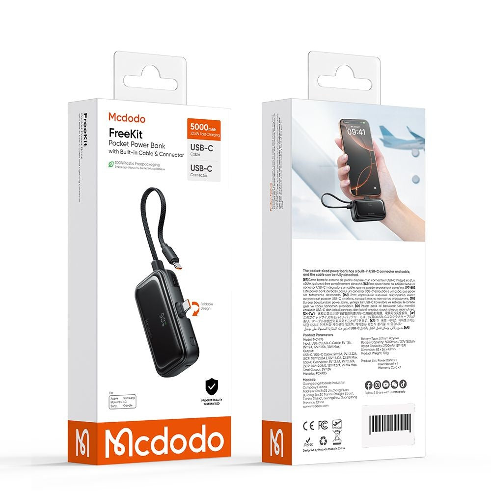 McDodo MC-7760 Freekit External Battery, 5000mAh, 22.5W, PD, 3 x USB-C, Black