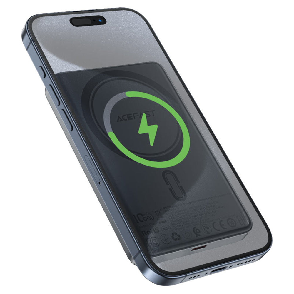 Acefast M12 Wireless External Battery, 10000mAh, 20W, PD + FQI, 1 x QI - 1 x USB-C, Black