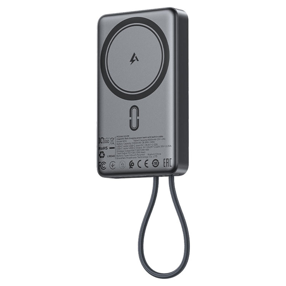 Acefast M18 Wireless External Battery, 10000mAh, 22.5W, PD + FQI, 1 x QI - 2 x USB-C, Black