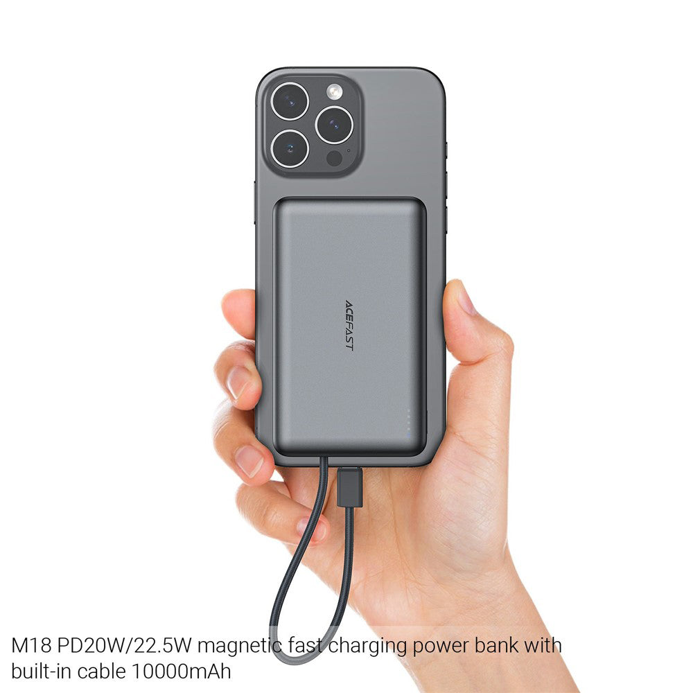 Acefast M18 Wireless External Battery, 10000mAh, 22.5W, PD + FQI, 1 x QI - 2 x USB-C, Black