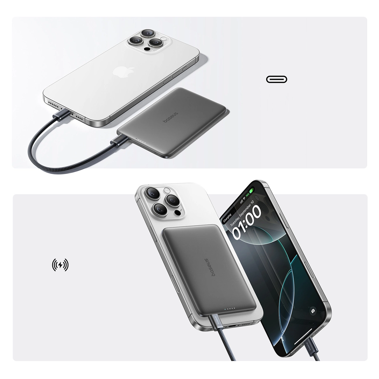 Baseus PicoGo AM41 Wireless External Battery, 5000mAh, 20W, PD + FQI, 1 x QI - 1 x USB-C, Black