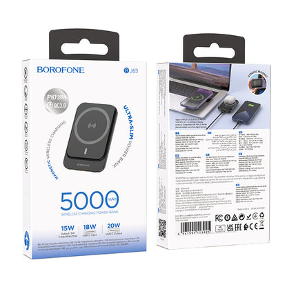 Borofone BJ63 Nimble Wireless External Battery, 5000mAh, 20W, PD + FQI, 1 x QI - 1 x USB-C, Black