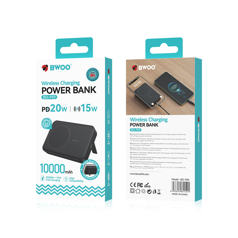 BWOO BO-P59 Wireless External Battery, 10000mAh, 20W, PD + FQI, 1 x QI - 1 x USB-C, Black