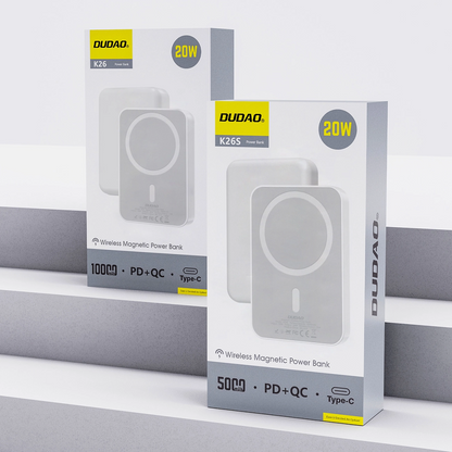 Dudao K26s External Wireless Battery, 5000mAh, 20W, PD + FQI, 1 x QI - 1 x USB-C, White