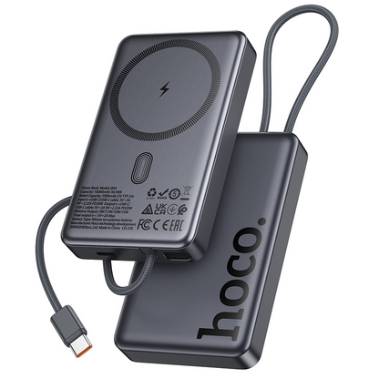 HOCO Q44 Wireless External Battery, 10000mAh, 20W, PD + FQI, 1 x QI - 2 x USB-C, Gray