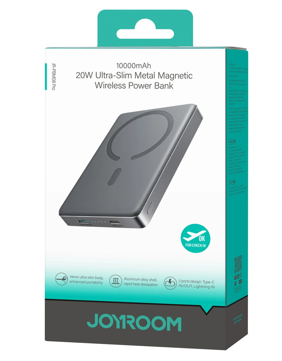 Joyroom JR-PBM08 Pro Wireless External Battery, 10000mAh, 22.5W, PD + FQI, 1 x QI - 2 x USB-C, Gray