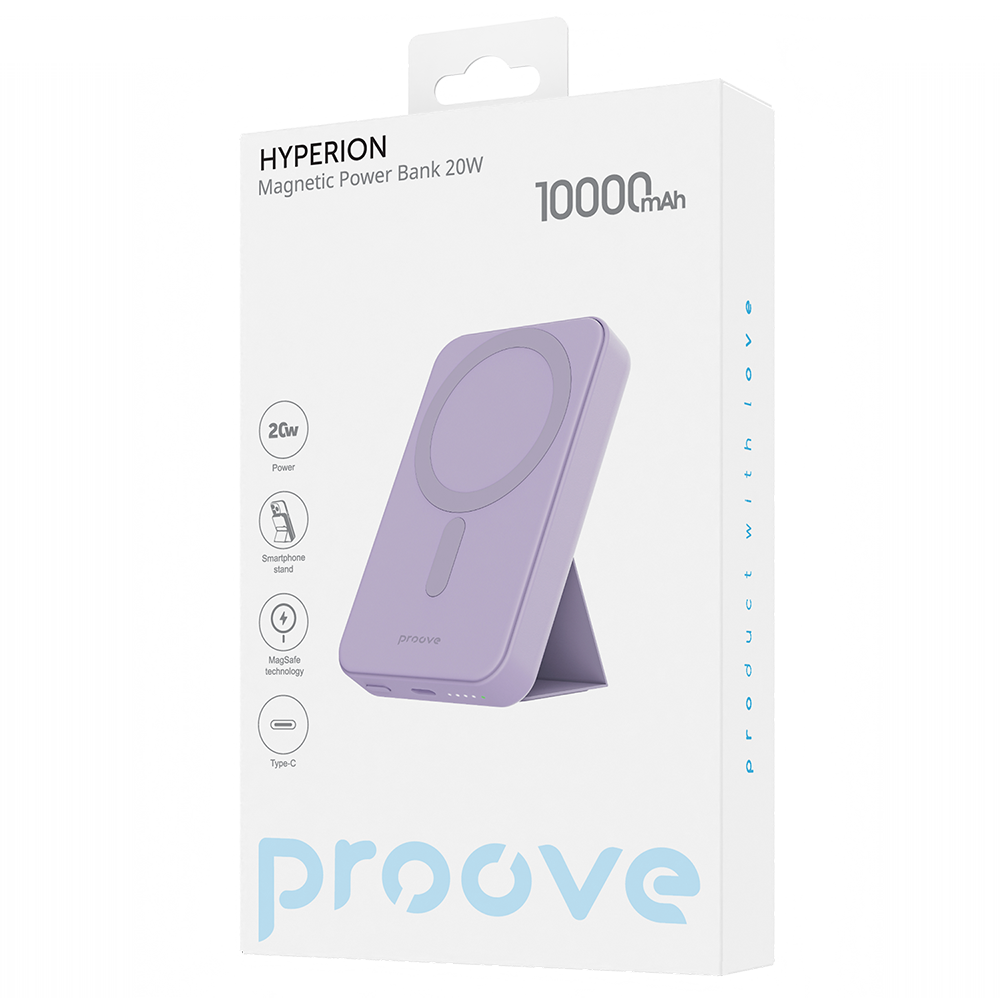 Proove Hyperion Wireless External Battery, 10000mAh, 20W, PD + FQI, 1 x QI - 1 x USB-C, Purple