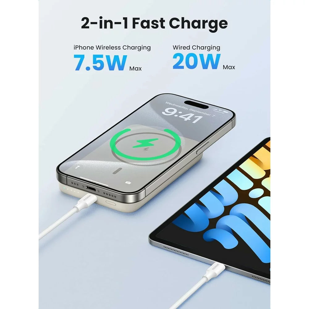 External Wireless Battery UGREEN PB561, 10000mAh, 20W, PD + FQI, 1 x QI - 1 x USB-C, Beige 