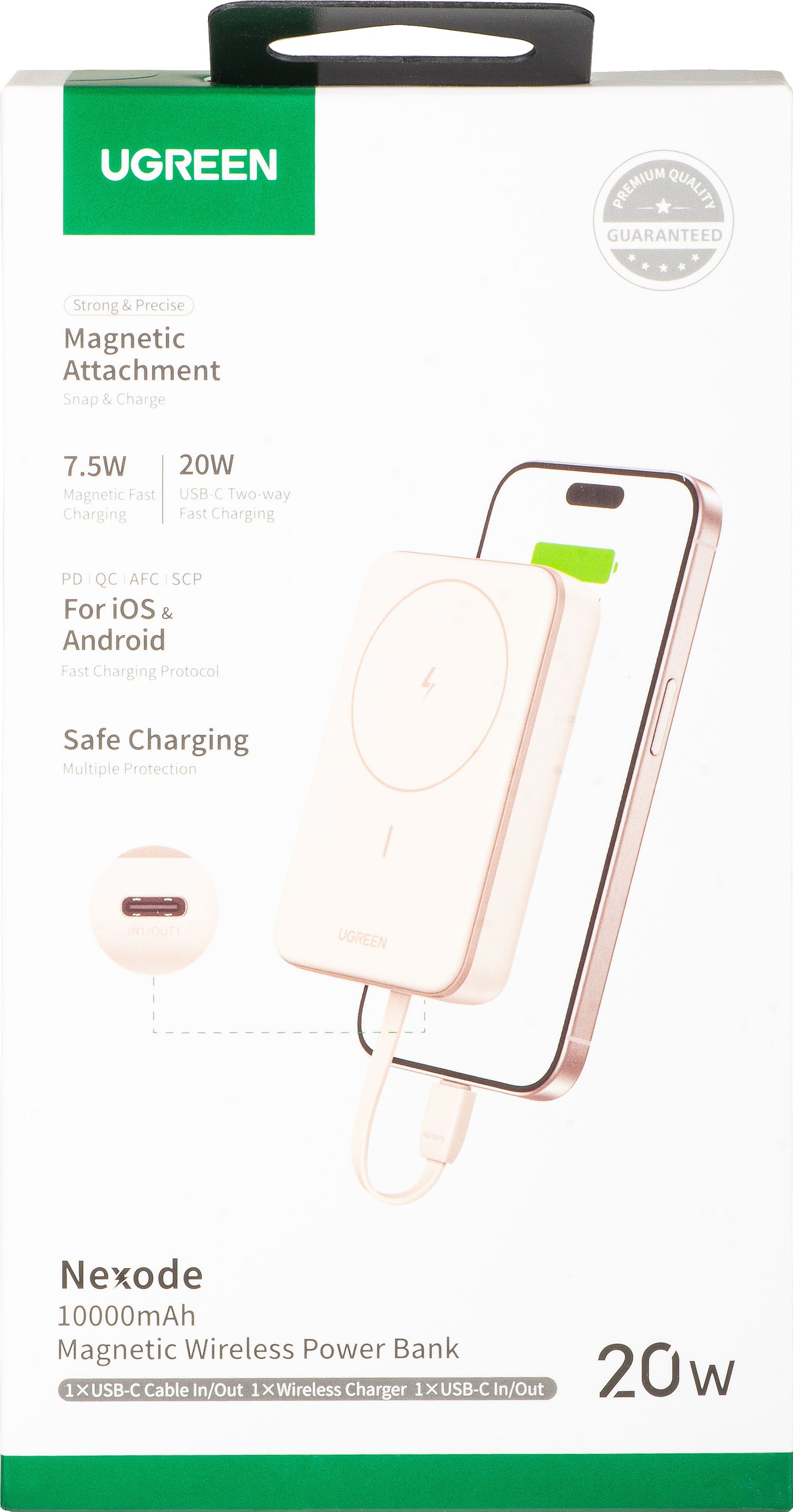 UGREEN PB760 Wireless External Battery, 10000mAh, 20W, PD + FQI, 1 x QI - 1 x USB-C, Beige