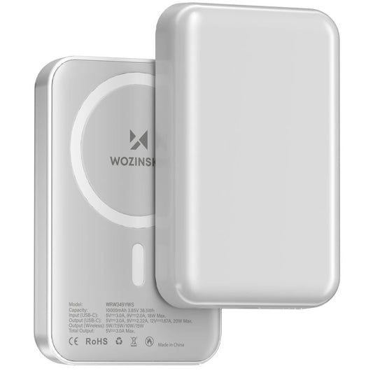 External Wireless Battery WZK WRW349YWS, 10000mAh, 20W, PD + FQI, 1 x QI - 1 x USB-C, White