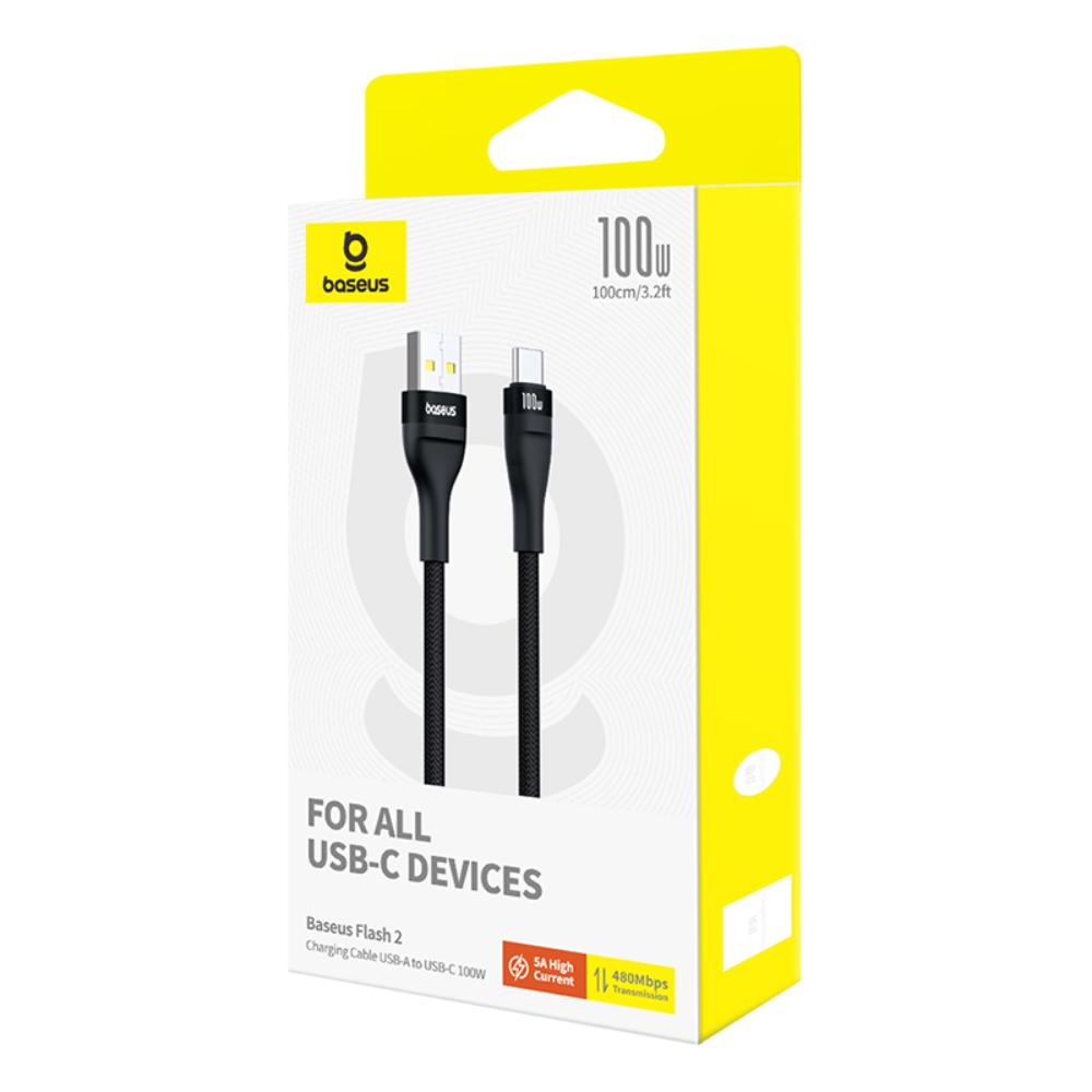 USB-A to USB-C Data and Charging Cable Baseus Flash Series II, 100W, 1m, Black P10311804111-00